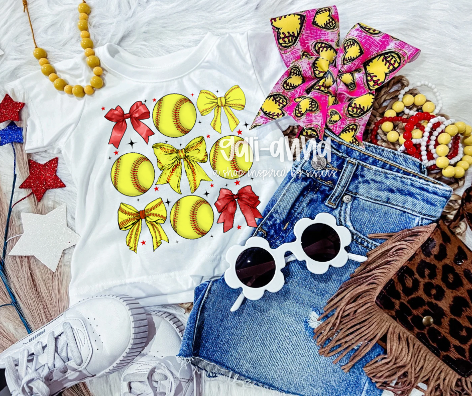 SOFTBALL HEART STITCH CHEER BOW