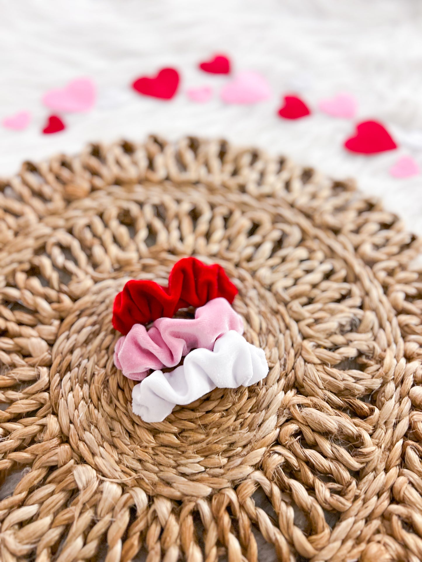 VDAY VELVET SOLIDS SCRUNCHIE BARRETTES